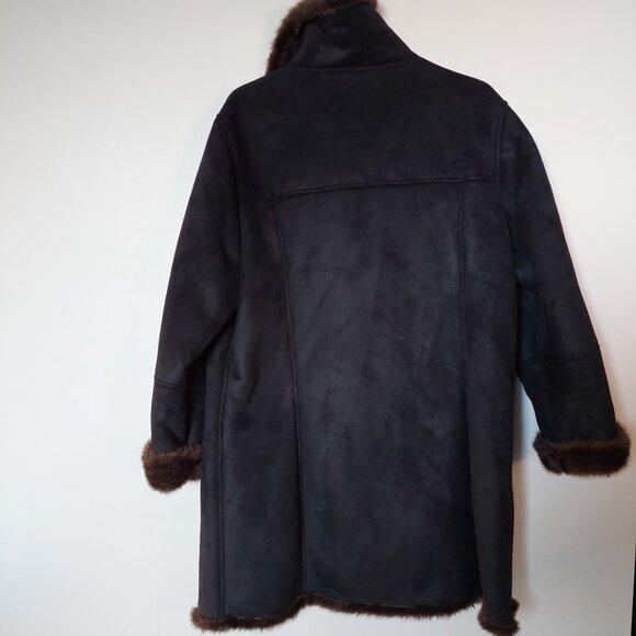 UTEX Black Ultrasuede Brown Faux Fur Trim Coat Women's Xlarge - Picture 5 of 12